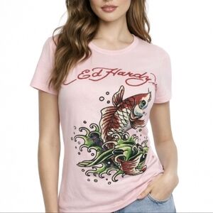 Ed Hardy Christian Audigier Vintage T Shirt Pink Fish Graphic Y2K Retro Size S